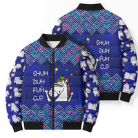 Funny Unicorn Bomber Puffer Jacket with Shuh Duh Fuh Cup Quote Blue Geometric and Cartoon - Wonder Print Shop