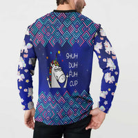 Funny Unicorn Button Sweatshirt with Shuh Duh Fuh Cup Quote Blue Geometric and Cartoon - Wonder Print Shop
