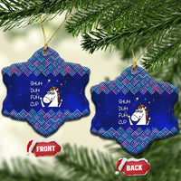 Funny Unicorn Ceramic Ornament with Shuh Duh Fuh Cup Quote Blue Geometric and Cartoon - Wonder Print Shop