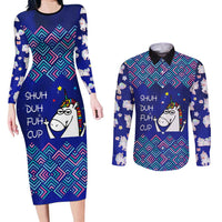 Funny Unicorn Couples Matching Long Sleeve Bodycon Dress and Long Sleeve Button Shirt with Shuh Duh Fuh Cup Quote Blue Geometric and Cartoon - Wonder Print Shop
