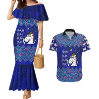 Funny Unicorn Couples Matching Mermaid Dress and Hawaiian Shirt with Shuh Duh Fuh Cup Quote Blue Geometric and Cartoon - Wonder Print Shop