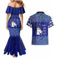 Funny Unicorn Couples Matching Mermaid Dress and Hawaiian Shirt with Shuh Duh Fuh Cup Quote Blue Geometric and Cartoon - Wonder Print Shop