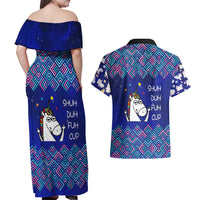 Funny Unicorn Couples Matching Off Shoulder Maxi Dress and Hawaiian Shirt with Shuh Duh Fuh Cup Quote Blue Geometric and Cartoon - Wonder Print Shop