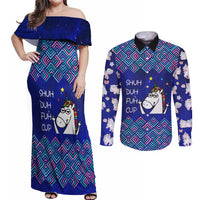 Funny Unicorn Couples Matching Off Shoulder Maxi Dress and Long Sleeve Button Shirt with Shuh Duh Fuh Cup Quote Blue Geometric and Cartoon - Wonder Print Shop