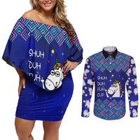Funny Unicorn Couples Matching Off Shoulder Short Dress and Long Sleeve Button Shirt with Shuh Duh Fuh Cup Quote Blue Geometric and Cartoon - Wonder Print Shop
