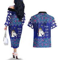 Funny Unicorn Couples Matching Off The Shoulder Long Sleeve Dress and Hawaiian Shirt with Shuh Duh Fuh Cup Quote Blue Geometric and Cartoon - Wonder Print Shop