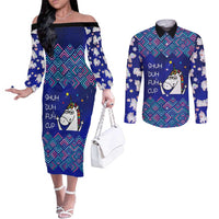 Funny Unicorn Couples Matching Off The Shoulder Long Sleeve Dress and Long Sleeve Button Shirt with Shuh Duh Fuh Cup Quote Blue Geometric and Cartoon - Wonder Print Shop