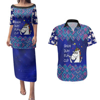 Funny Unicorn Couples Matching Puletasi and Hawaiian Shirt with Shuh Duh Fuh Cup Quote Blue Geometric and Cartoon - Wonder Print Shop