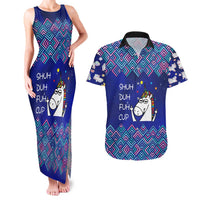 Funny Unicorn Couples Matching Tank Maxi Dress and Hawaiian Shirt with Shuh Duh Fuh Cup Quote Blue Geometric and Cartoon - Wonder Print Shop