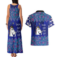 Funny Unicorn Couples Matching Tank Maxi Dress and Hawaiian Shirt with Shuh Duh Fuh Cup Quote Blue Geometric and Cartoon - Wonder Print Shop