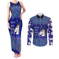 Funny Unicorn Couples Matching Tank Maxi Dress and Long Sleeve Button Shirt with Shuh Duh Fuh Cup Quote Blue Geometric and Cartoon - Wonder Print Shop