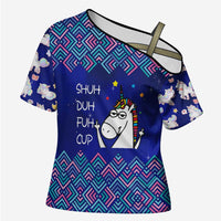 Funny Unicorn Cross Shoulder Shirt with Shuh Duh Fuh Cup Quote Blue Geometric and Cartoon - Wonder Print Shop