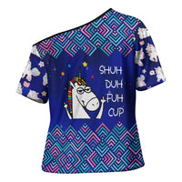 Funny Unicorn Cross Shoulder Shirt with Shuh Duh Fuh Cup Quote Blue Geometric and Cartoon - Wonder Print Shop