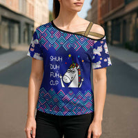Funny Unicorn Cross Shoulder Shirt with Shuh Duh Fuh Cup Quote Blue Geometric and Cartoon - Wonder Print Shop
