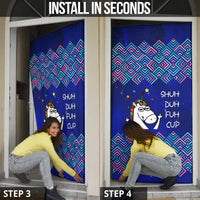 Funny Unicorn Door Cover with Shuh Duh Fuh Cup Quote Blue Geometric and Cartoon - Wonder Print Shop