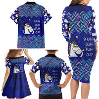 Funny Unicorn Family Matching Long Sleeve Bodycon Dress and Hawaiian Shirt with Shuh Duh Fuh Cup Quote Blue Geometric and Cartoon - Wonder Print Shop