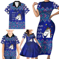 Funny Unicorn Family Matching Short Sleeve Bodycon Dress and Hawaiian Shirt with Shuh Duh Fuh Cup Quote Blue Geometric and Cartoon - Wonder Print Shop