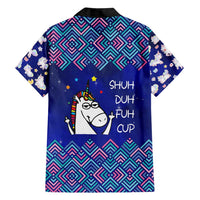 Funny Unicorn Family Matching Short Sleeve Bodycon Dress and Hawaiian Shirt with Shuh Duh Fuh Cup Quote Blue Geometric and Cartoon - Wonder Print Shop