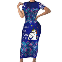 Funny Unicorn Family Matching Short Sleeve Bodycon Dress and Hawaiian Shirt with Shuh Duh Fuh Cup Quote Blue Geometric and Cartoon - Wonder Print Shop