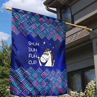 Funny Unicorn Garden Flag with Shuh Duh Fuh Cup Quote Blue Geometric and Cartoon - Wonder Print Shop