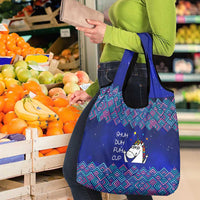 Funny Unicorn Grocery Bag with Shuh Duh Fuh Cup Quote Blue Geometric and Cartoon - Wonder Print Shop
