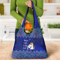 Funny Unicorn Grocery Bag with Shuh Duh Fuh Cup Quote Blue Geometric and Cartoon - Wonder Print Shop