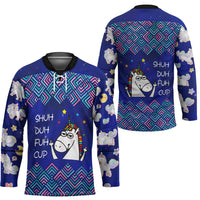 Funny Unicorn Hockey Jersey with Shuh Duh Fuh Cup Quote Blue Geometric and Cartoon - Wonder Print Shop