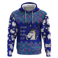 Funny Unicorn Hoodie with Shuh Duh Fuh Cup Quote Blue Geometric and Cartoon - Wonder Print Shop