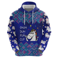 Funny Unicorn Hoodie with Shuh Duh Fuh Cup Quote Blue Geometric and Cartoon - Wonder Print Shop