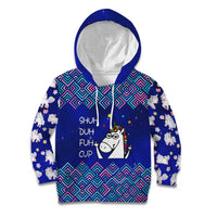 Funny Unicorn Kid Hoodie with Shuh Duh Fuh Cup Quote Blue Geometric and Cartoon - Wonder Print Shop