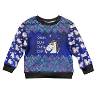 Funny Unicorn Kid Ugly Christmas Sweater with Shuh Duh Fuh Cup Quote Blue Geometric and Cartoon - Wonder Print Shop