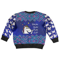 Funny Unicorn Kid Ugly Christmas Sweater with Shuh Duh Fuh Cup Quote Blue Geometric and Cartoon - Wonder Print Shop