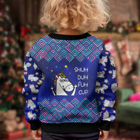 Funny Unicorn Kid Ugly Christmas Sweater with Shuh Duh Fuh Cup Quote Blue Geometric and Cartoon - Wonder Print Shop