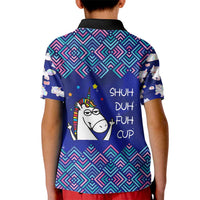 Funny Unicorn Kid Polo Shirt with Shuh Duh Fuh Cup Quote Blue Geometric and Cartoon - Wonder Print Shop