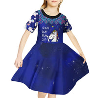 Funny Unicorn Kid Short Sleeve Dress with Shuh Duh Fuh Cup Quote Blue Geometric and Cartoon - Wonder Print Shop