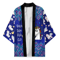 Funny Unicorn Kimono with Shuh Duh Fuh Cup Quote Blue Geometric and Cartoon - Wonder Print Shop