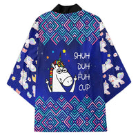 Funny Unicorn Kimono with Shuh Duh Fuh Cup Quote Blue Geometric and Cartoon - Wonder Print Shop