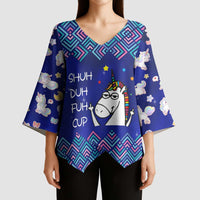 Funny Unicorn Kimono Sleeve Blouse with Shuh Duh Fuh Cup Quote Blue Geometric and Cartoon - Wonder Print Shop