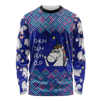 Funny Unicorn Long Sleeve Shirt with Shuh Duh Fuh Cup Quote Blue Geometric and Cartoon - Wonder Print Shop
