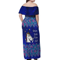 Funny Unicorn Off Shoulder Maxi Dress with Shuh Duh Fuh Cup Quote Blue Geometric and Cartoon - Wonder Print Shop