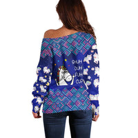 Funny Unicorn Off Shoulder Sweater with Shuh Duh Fuh Cup Quote Blue Geometric and Cartoon - Wonder Print Shop