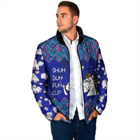 Funny Unicorn Padded Jacket with Shuh Duh Fuh Cup Quote Blue Geometric and Cartoon - Wonder Print Shop
