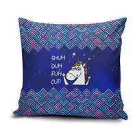 Funny Unicorn Pillow Cover with Shuh Duh Fuh Cup Quote Blue Geometric and Cartoon - Wonder Print Shop