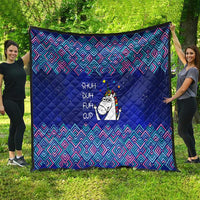 Funny Unicorn Quilt with Shuh Duh Fuh Cup Quote Blue Geometric and Cartoon - Wonder Print Shop