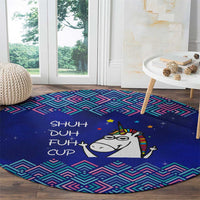 Funny Unicorn Round Carpet with Shuh Duh Fuh Cup Quote Blue Geometric and Cartoon - Wonder Print Shop