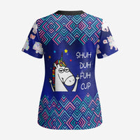 Funny Unicorn Scrub Top with Shuh Duh Fuh Cup Quote Blue Geometric and Cartoon - Wonder Print Shop