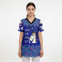 Funny Unicorn Scrub Top with Shuh Duh Fuh Cup Quote Blue Geometric and Cartoon - Wonder Print Shop