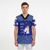 Funny Unicorn Scrub Top with Shuh Duh Fuh Cup Quote Blue Geometric and Cartoon - Wonder Print Shop