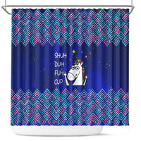 Funny Unicorn Shower Curtain with Shuh Duh Fuh Cup Quote Blue Geometric and Cartoon - Wonder Print Shop