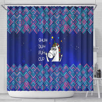 Funny Unicorn Shower Curtain with Shuh Duh Fuh Cup Quote Blue Geometric and Cartoon - Wonder Print Shop